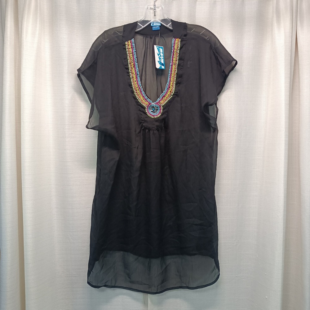 Soaked Black Beaded Neckline Swim Cover Up Tunic Dress S/M NWT Beach‎ Sheer